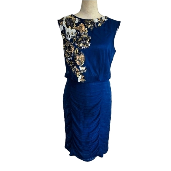 Aidan Mattox Blue Silk Sequin Ruched Dress - Picture 2 of 9